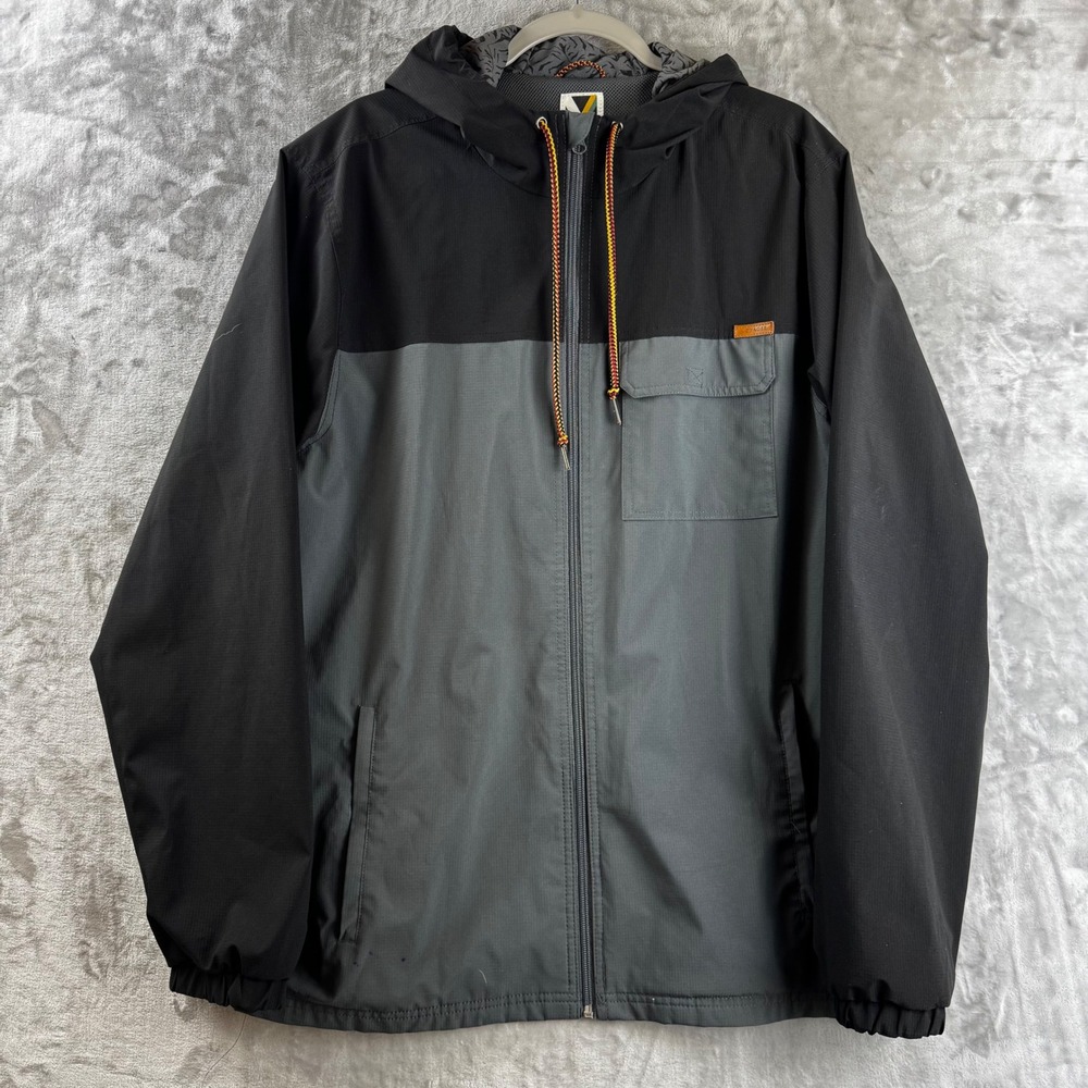 Voyager Windbreaker Jacket Mens XL Gray Black Colorblock Hooded Full Zip (1697)